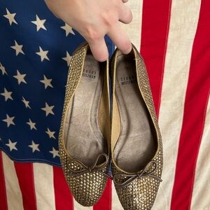 Stuart Weitzman Gold-Tone Rhinestone Bow Ballet Flats